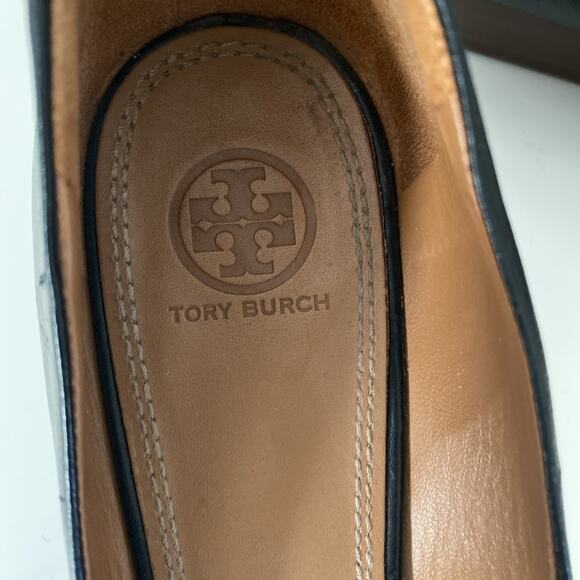 Tory Burch Mini Miller 45MM Black Wedge Pump Leather Round Toe Slip On Logo 10 M - Picture 9 of 10